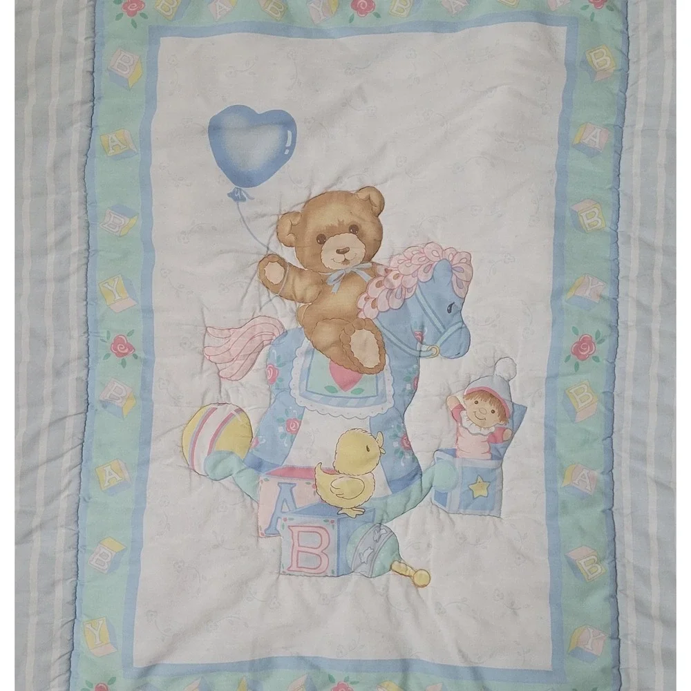 Vintage Little Bedding Red Calliope Rocking Horse Teddy Bear Baby Blanket 1993